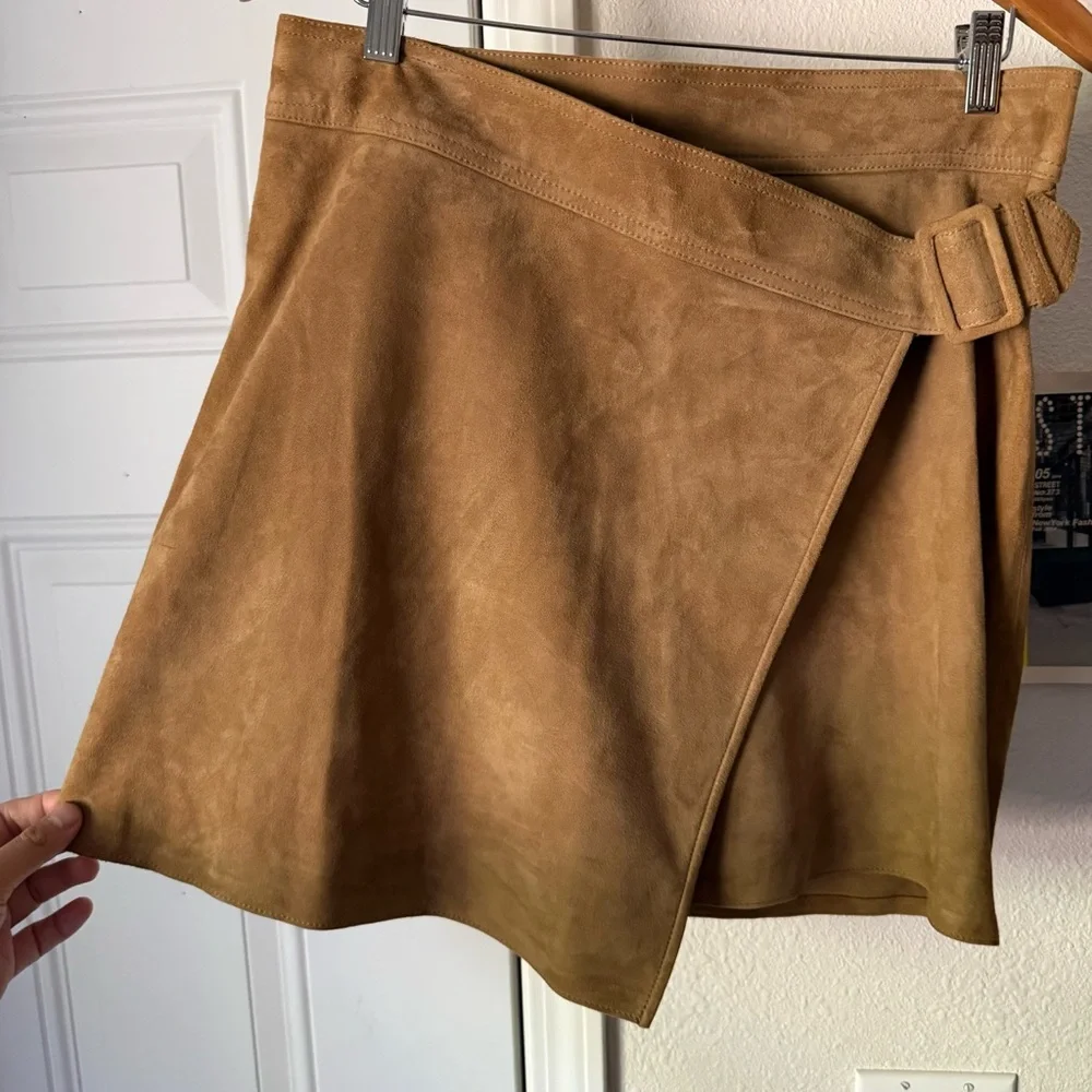 VINCE brown tan goat leather soft buckle detail mini skirt‎